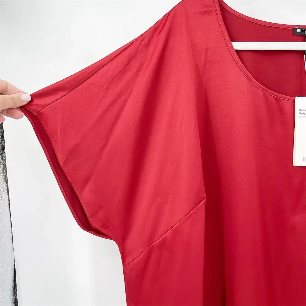Eileen Fisher Recycled Polyester Satin Box Top Plus Size 2X Red Short Sleeve NWT